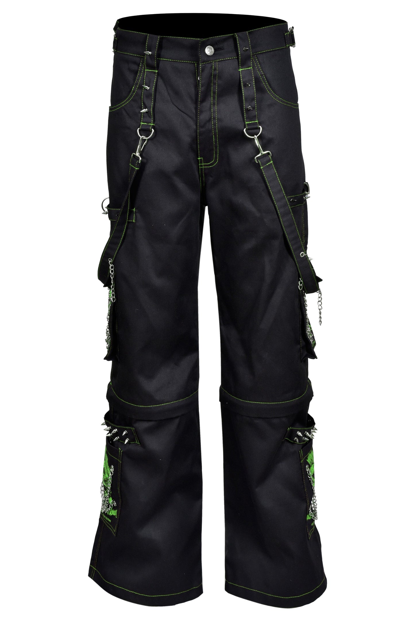 Schwarze Hose GREEN SPIKE PANTS mit grünem Colours-Skull-Print auf Taschen, sowie vielen Nieten, Ketten und Riemen mit Colours Branding