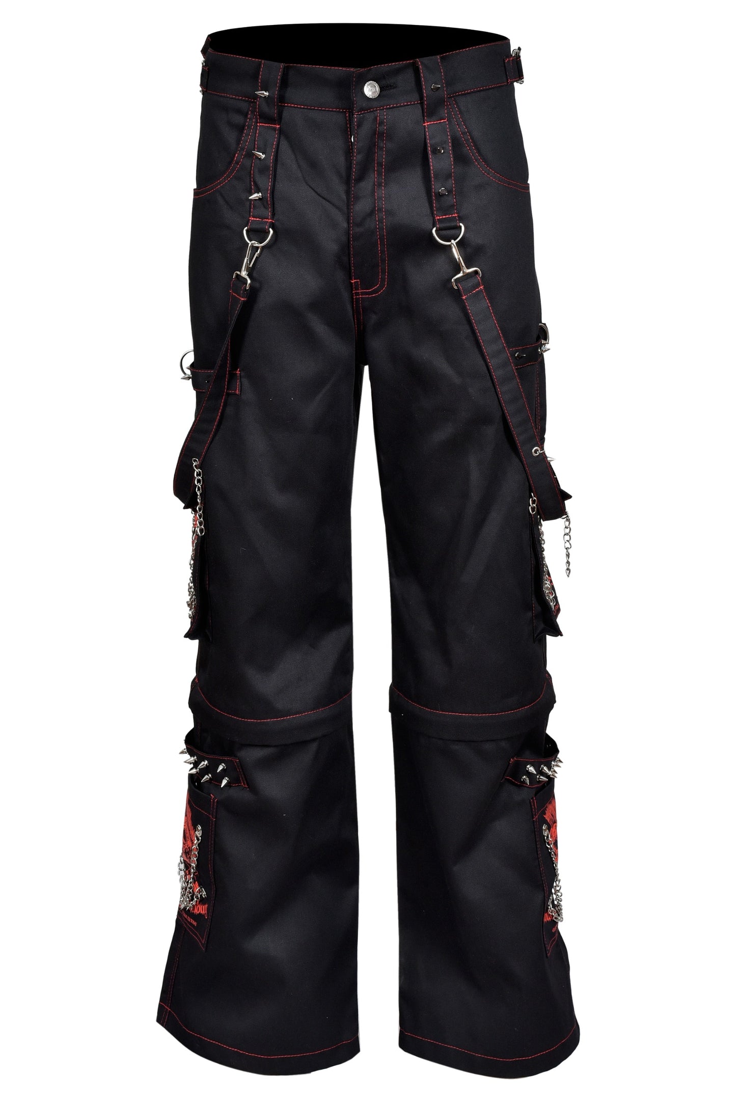 Schwarze Hose RED SPIKE PANTS mit rotem Colours-Skull-Print auf Taschen, sowie vielen Nieten, Ketten und Riemen mit Colours Branding