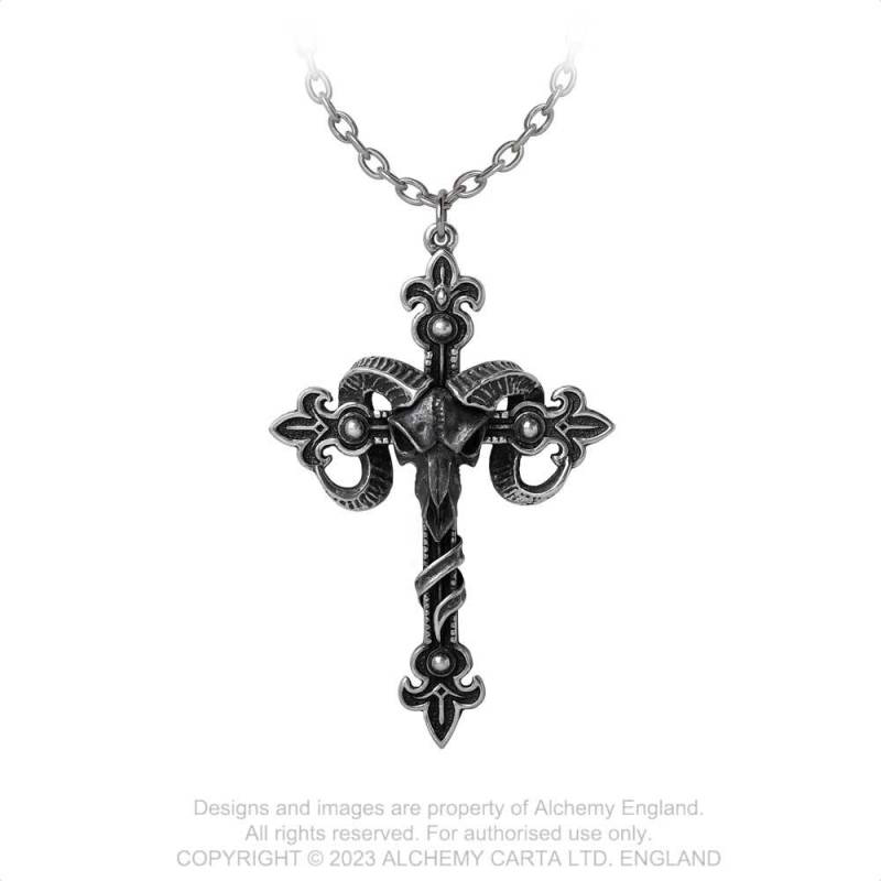 Kreuz Des Baphomet Kette von Alchemy mit kompliziertem Kreuz mit Fleur de Leys und Schriftrollenverzierung, aufgespießt durch einen geschwärzten Widderschädel mit silberfarbenen Hörnern