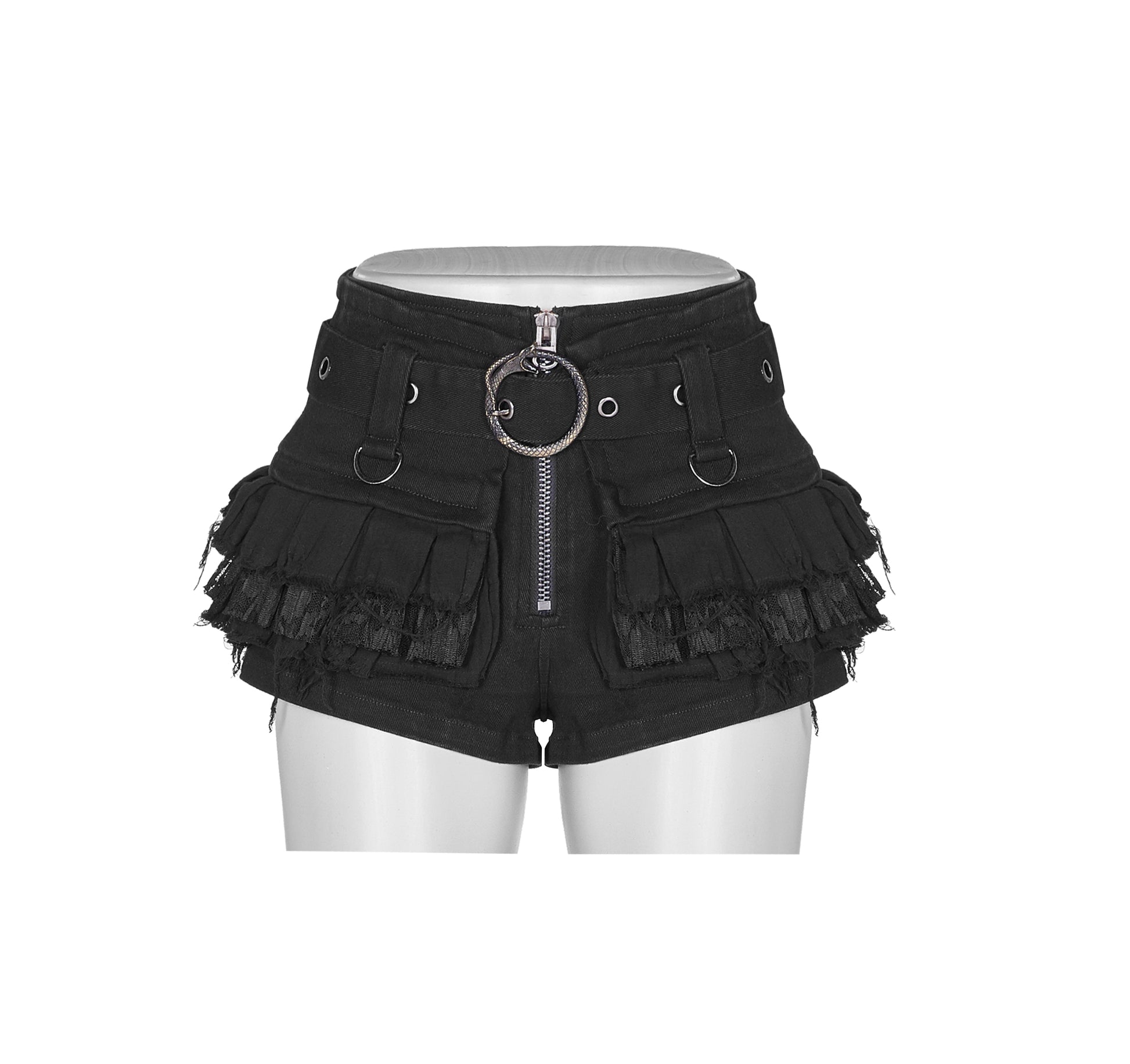 Schwarze, kurze Hotpants DOOM DOLL SHORTS mit Schlangenschnalle, sowie Rüschen- und Spitzendetails von Punk Rave