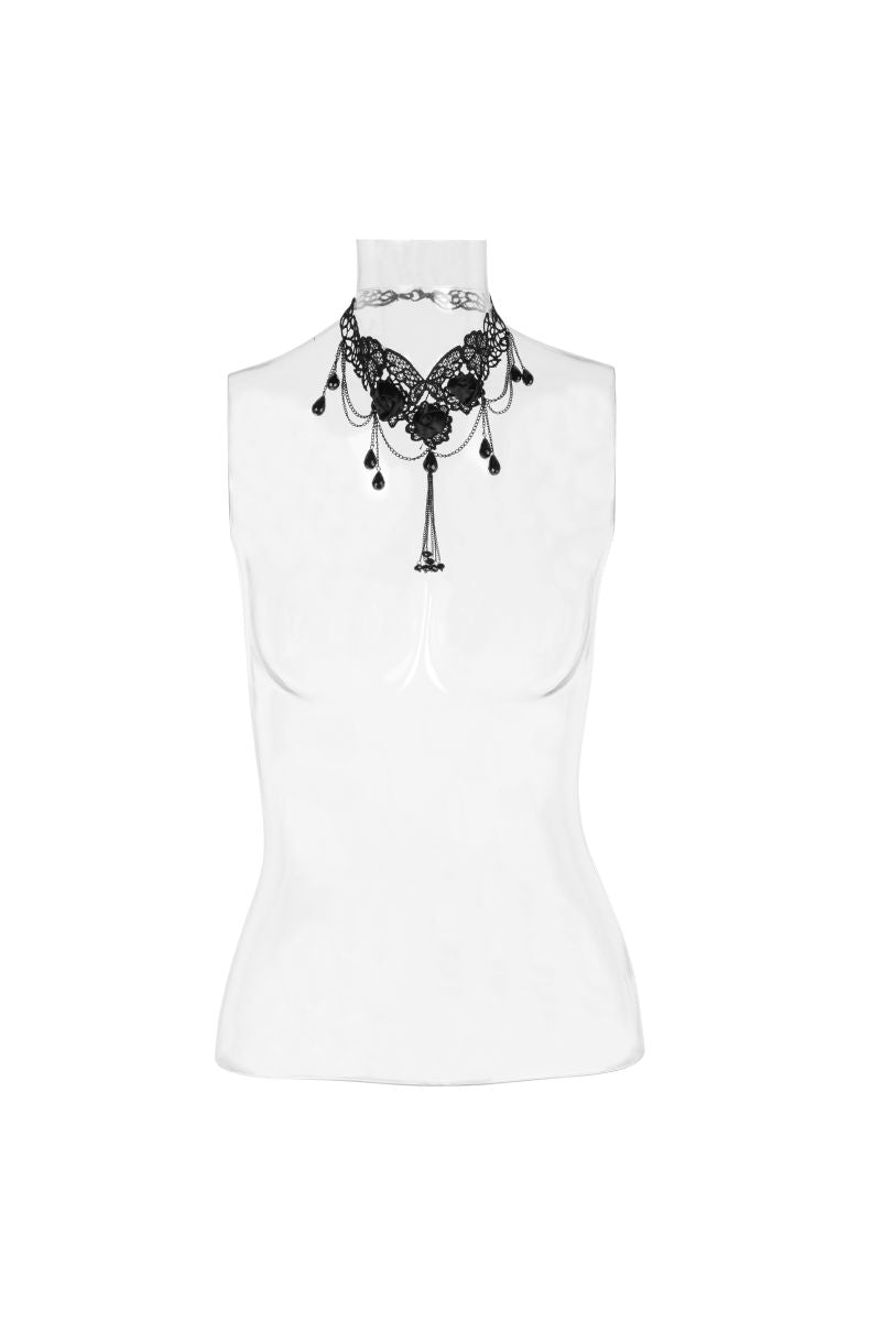 Scharze Halskette Black Roses Necklace aus Spitze mit Stoffblumen und tropfenförmigen Perlen von Punk Rave