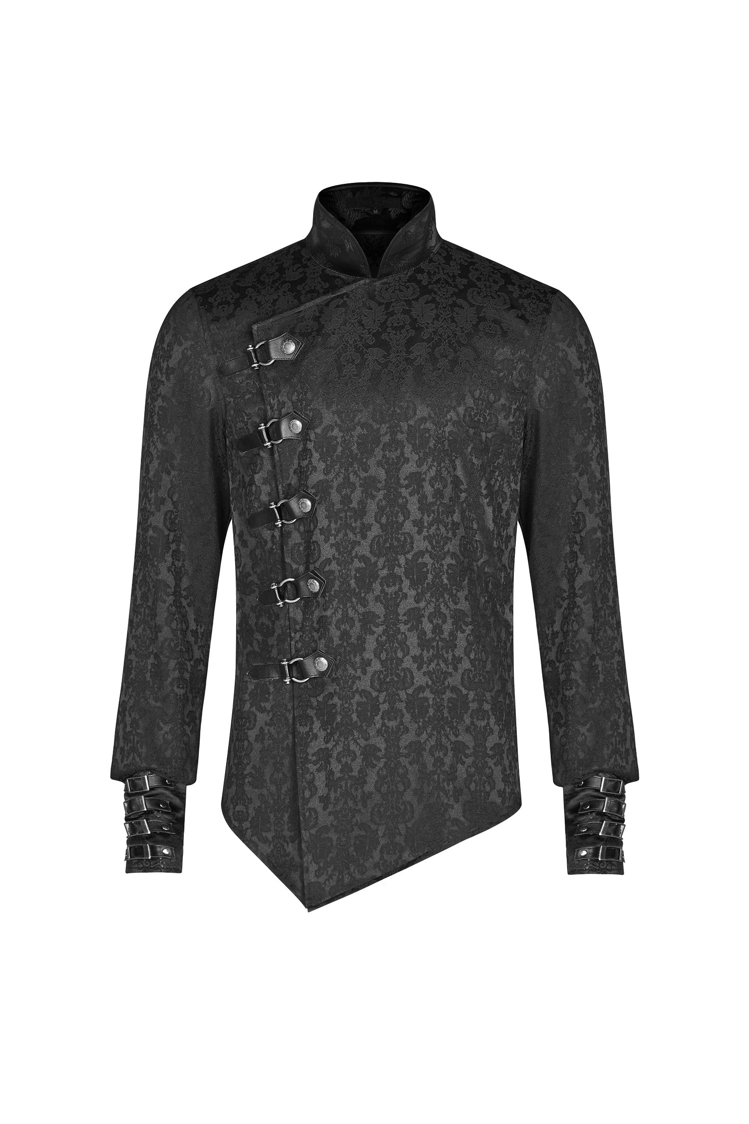 Schwarzes, elegantes Hemd SINAMORE SHIRT mit Brokatmuster und Kunstlederdetails von Punk Rave