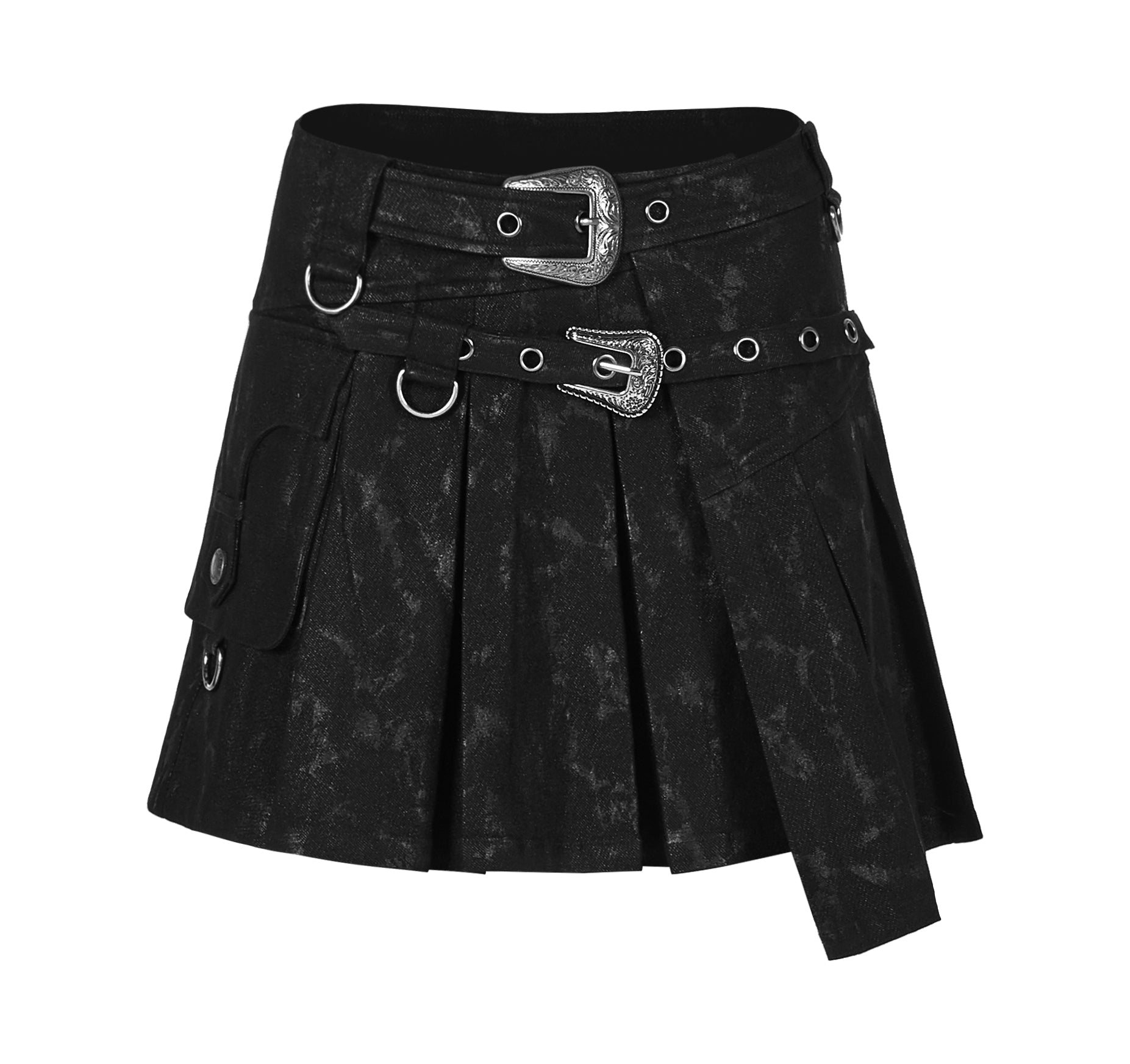 Schwarzer Minirock APOCALYPTO SKIRT mit zwei detaillierten Schnallen, sowie großer Seitentasche von Punk Rave