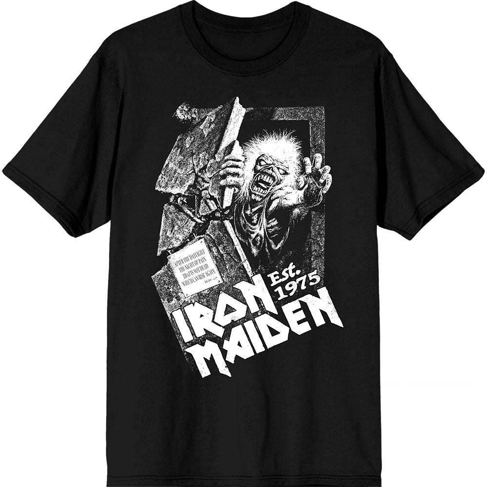 Lizensiertes Iron Maiden Est. 1975 No Prayer Grave Bandshirt im schwarz-weißen Design