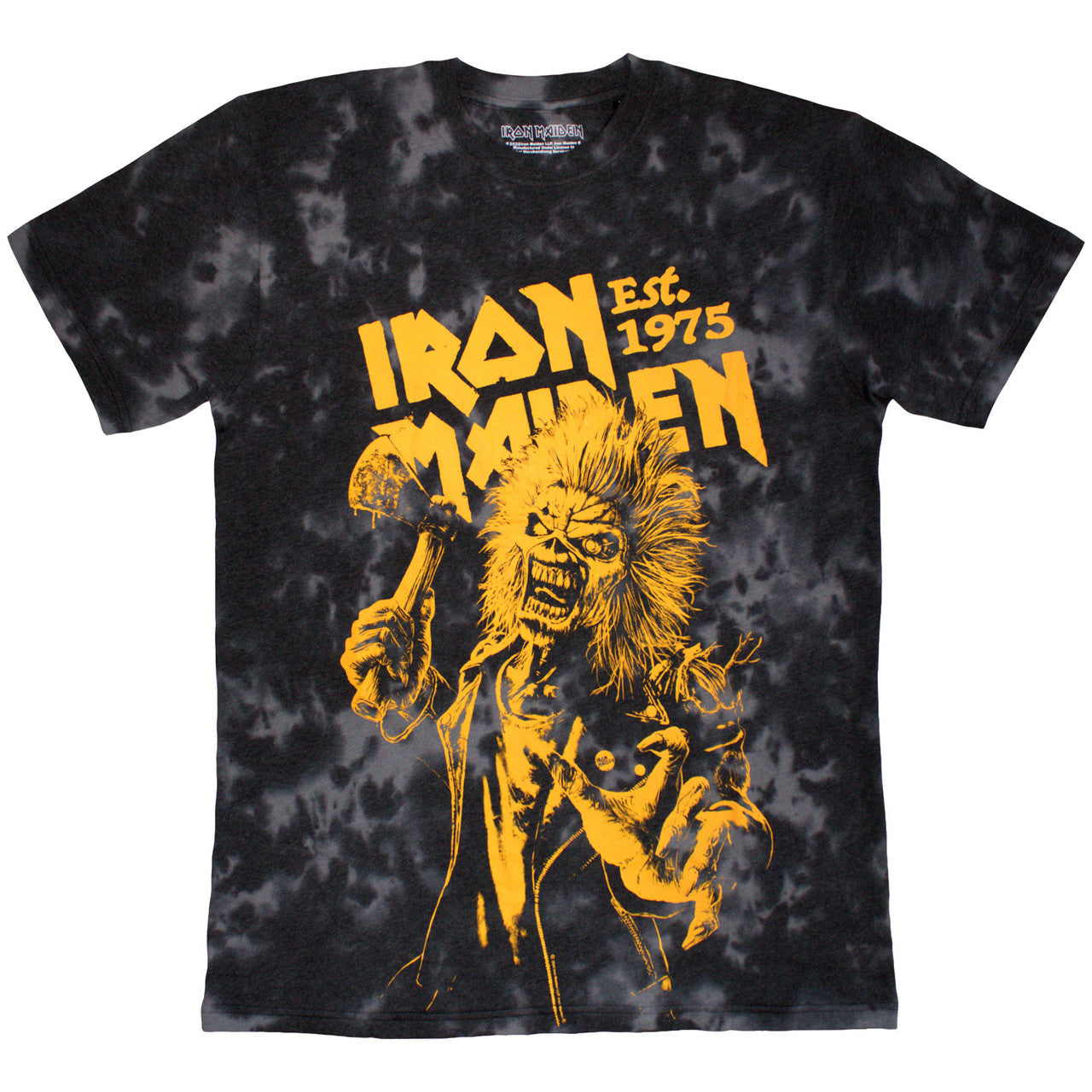 Lizensiertes Iron Maiden Est. 1975 Axe Eddie Wash Collection Bandshirt in Batik-Optik und mit gelbem Print