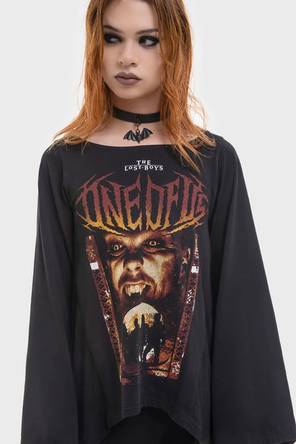 Schwarzes Print-Shirt INITIATION LONG SLEEVED TOP mit Mesheinsätzen und weiten Ärmeln von Killstar