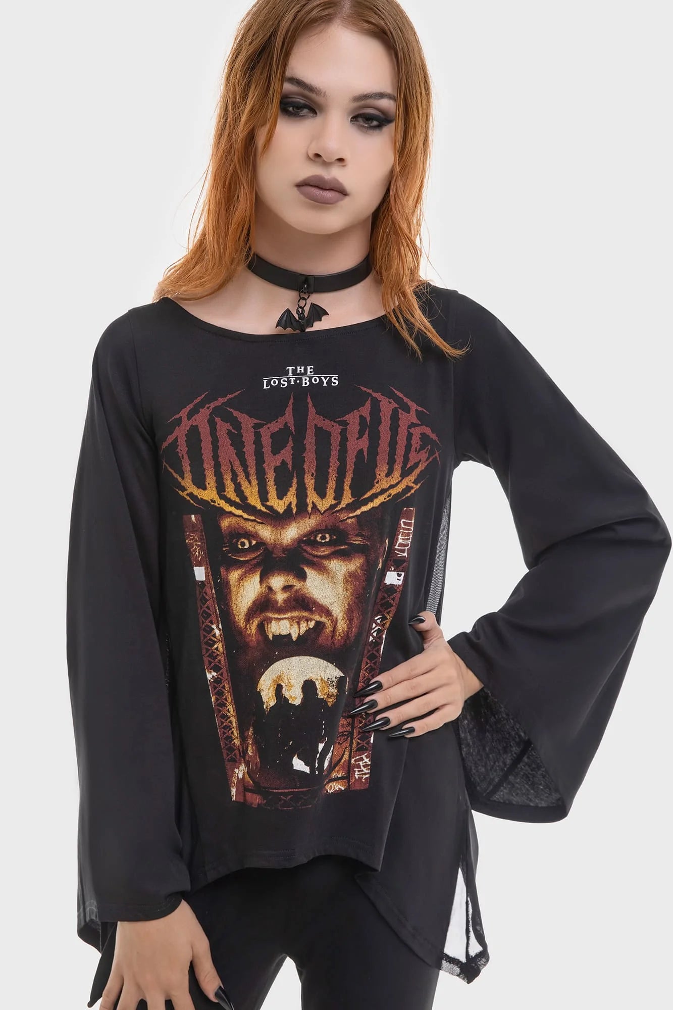 Schwarzes Print-Shirt INITIATION LONG SLEEVED TOP mit Mesheinsätzen und weiten Ärmeln von Killstar