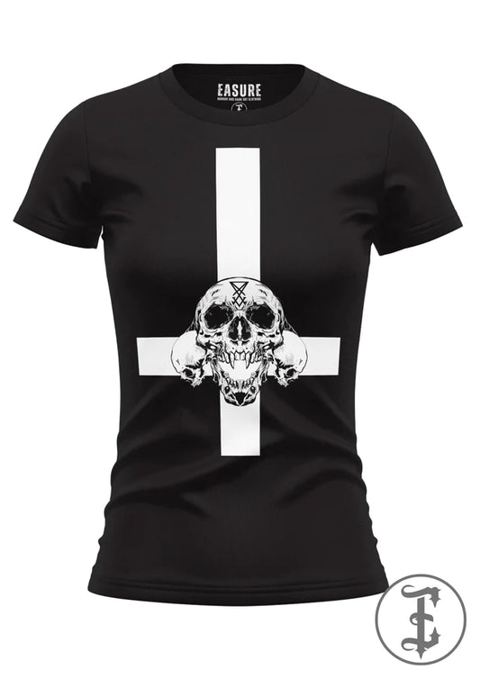 Schwarzes, tailliertes Inverted Cross Shirt Ladies mit Print eines umgedrehten Kreuzes und Totenköpfen von EASURE