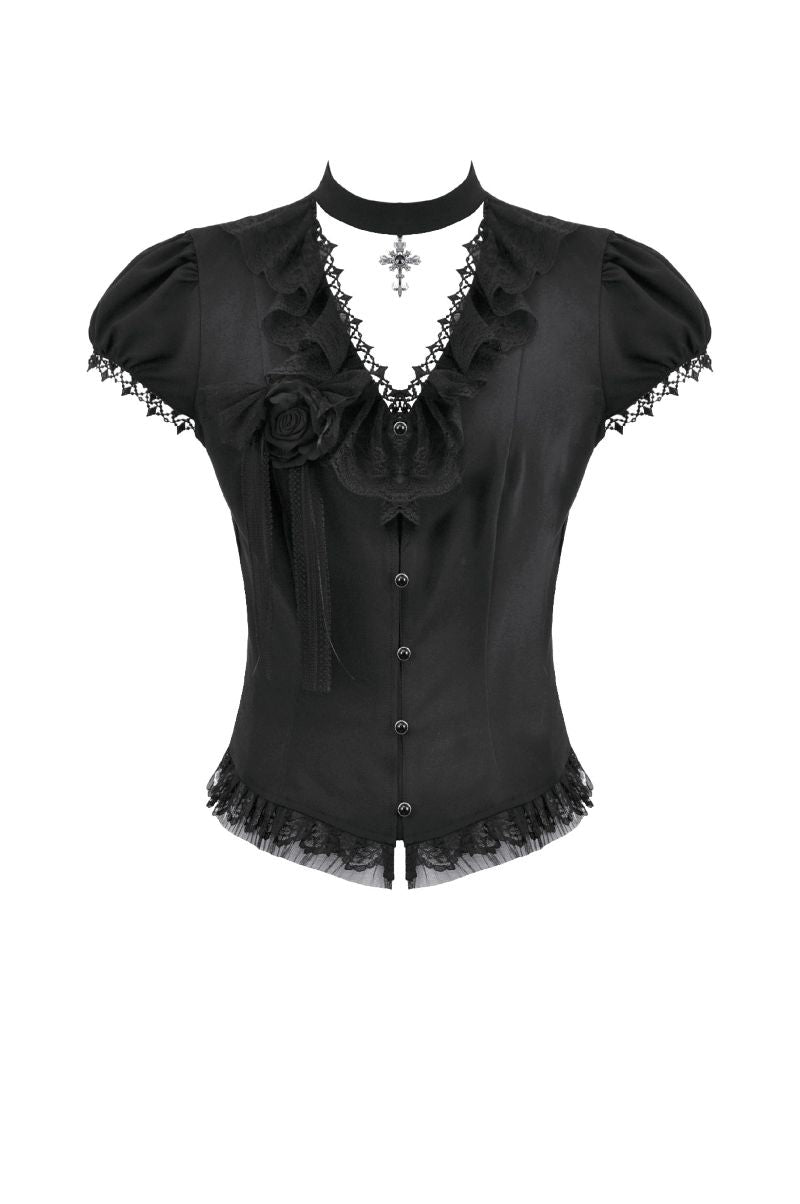 Schwarzes, kurzärmliges Oberteil Sweet Sorrow Shirt mit Chokerdetail und Zierschnürung von Dark In Love