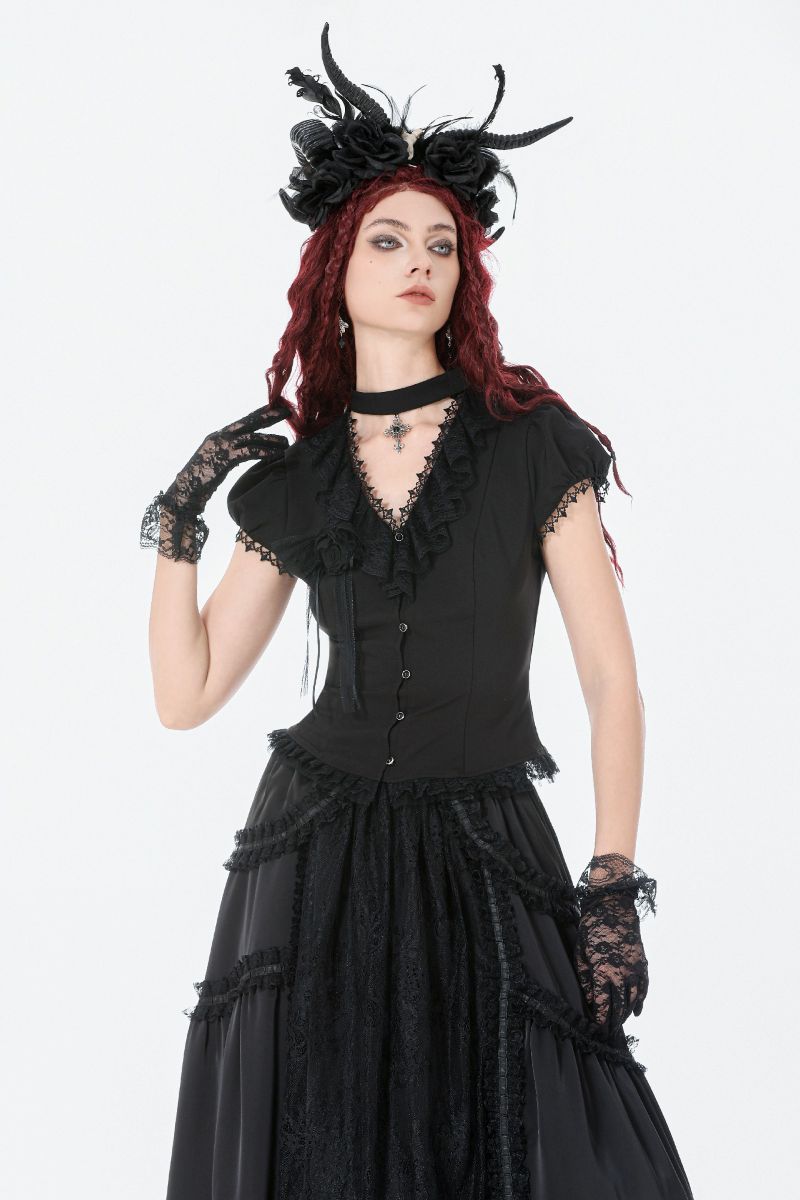 Schwarzes, kurzärmliges Oberteil Sweet Sorrow Shirt mit Chokerdetail und Zierschnürung von Dark In Love