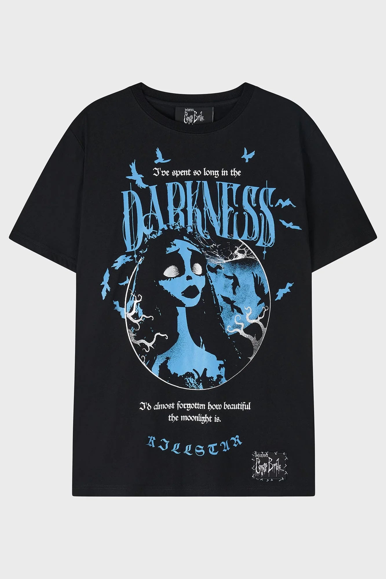 Schwarz-blaues Oberteil IN THE DARKNESS T-SHIRT mit auffälliger Corspe Bride-Grafik von Killstar