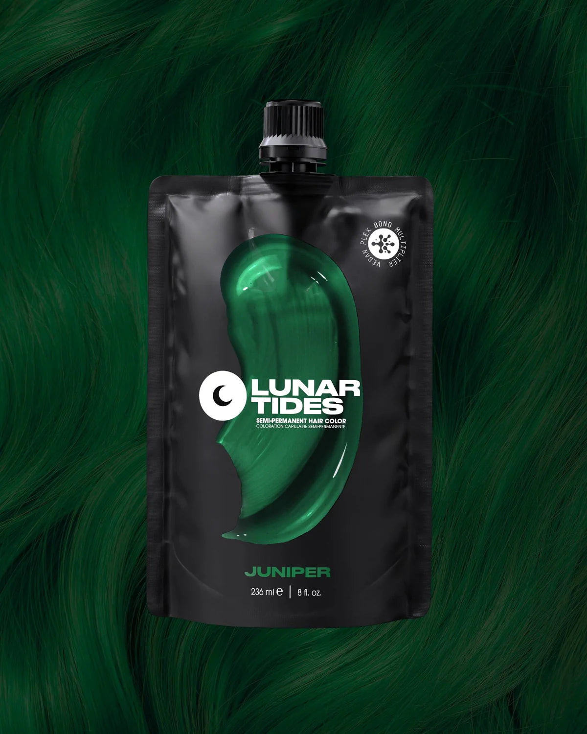 semi-permanente Haartönung Juniper Green in dem Farbton kräftiges Dunkelgrün mit schwarzen Untertönen von Lunar Tides