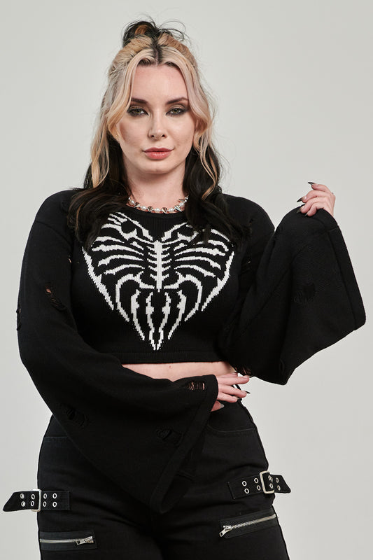 Schwarzer Pullover TORN AFFECTION JUMPER mit Knochenherz auf der Vorderseite von Banned