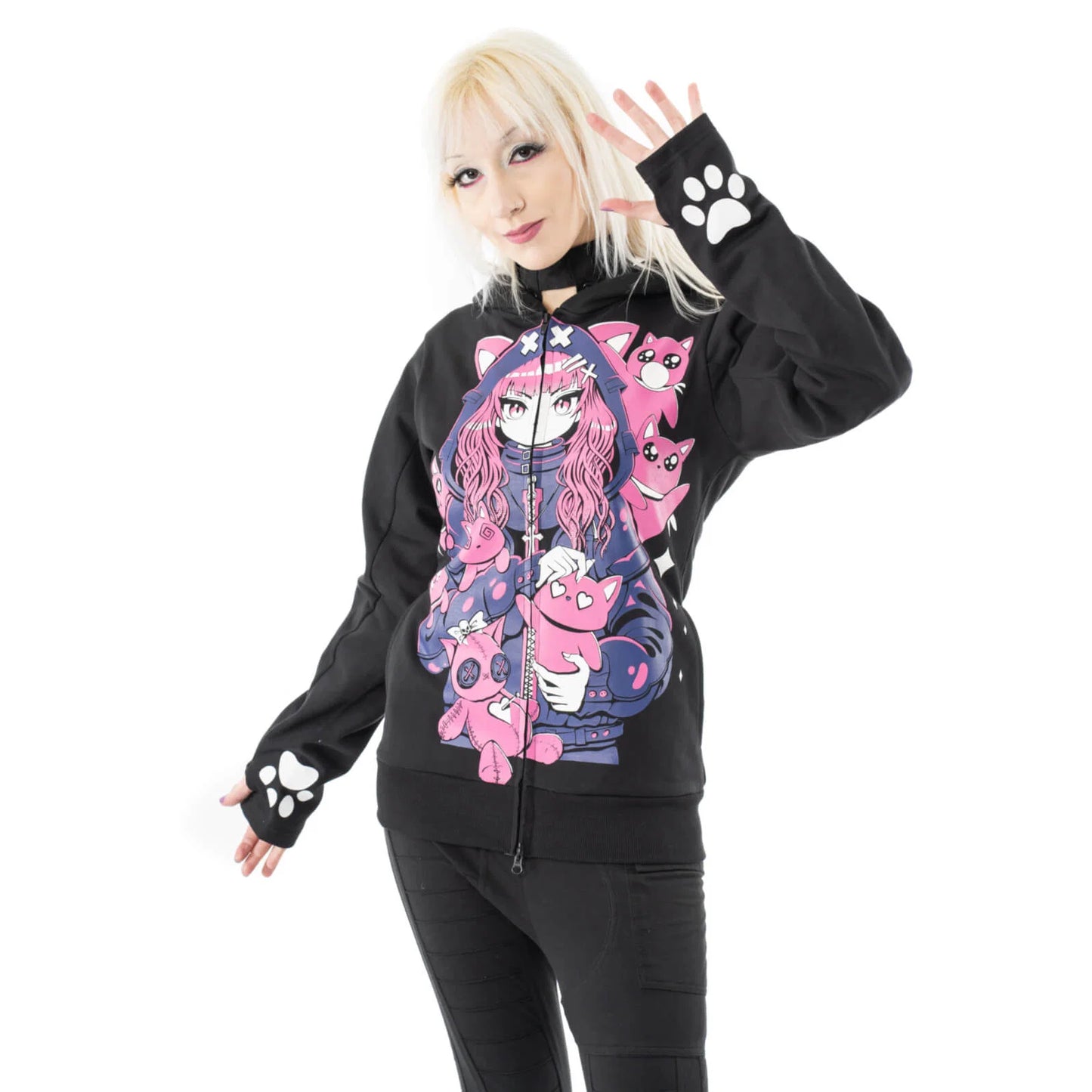 Schwarze Sweatshirtjacke KITTY MAYHEM HOOD mit niedlichem Mädchenprint von Cupcake Cult