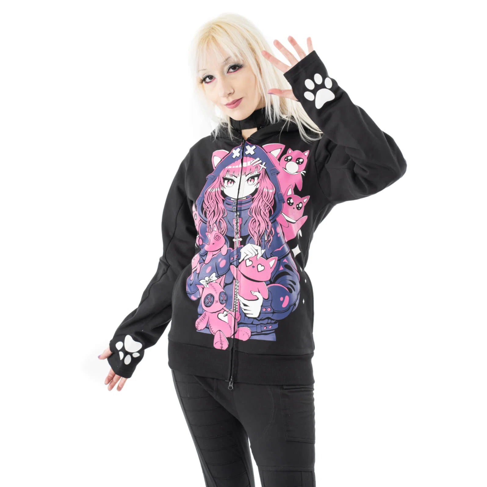 Schwarze Sweatshirtjacke KITTY MAYHEM HOOD mit niedlichem Mädchenprint von Cupcake Cult