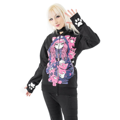 Schwarze Sweatshirtjacke KITTY MAYHEM HOOD mit niedlichem Mädchenprint von Cupcake Cult