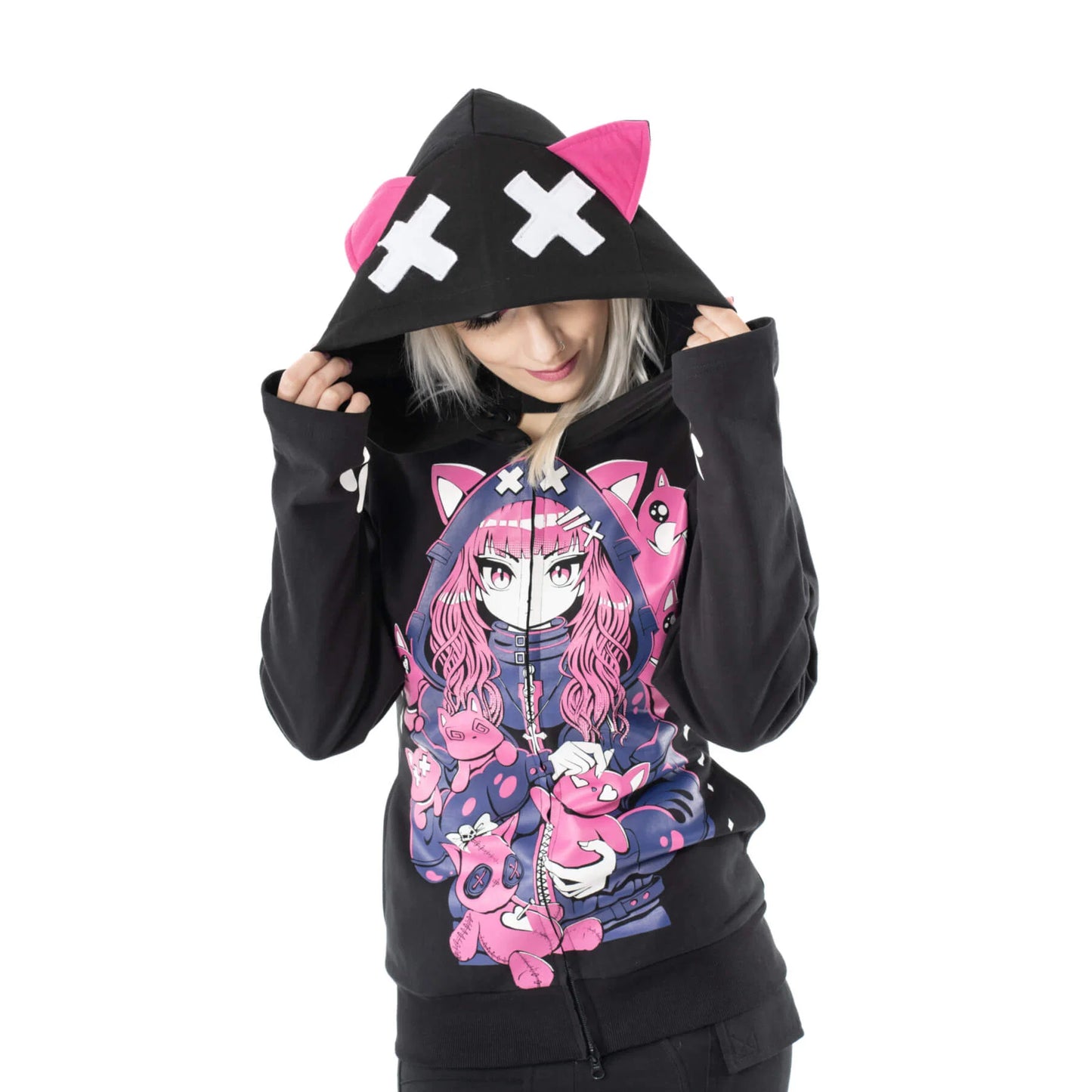 Schwarze Sweatshirtjacke KITTY MAYHEM HOODmit niedlichem Mädchenprint von Cupcake Cult
