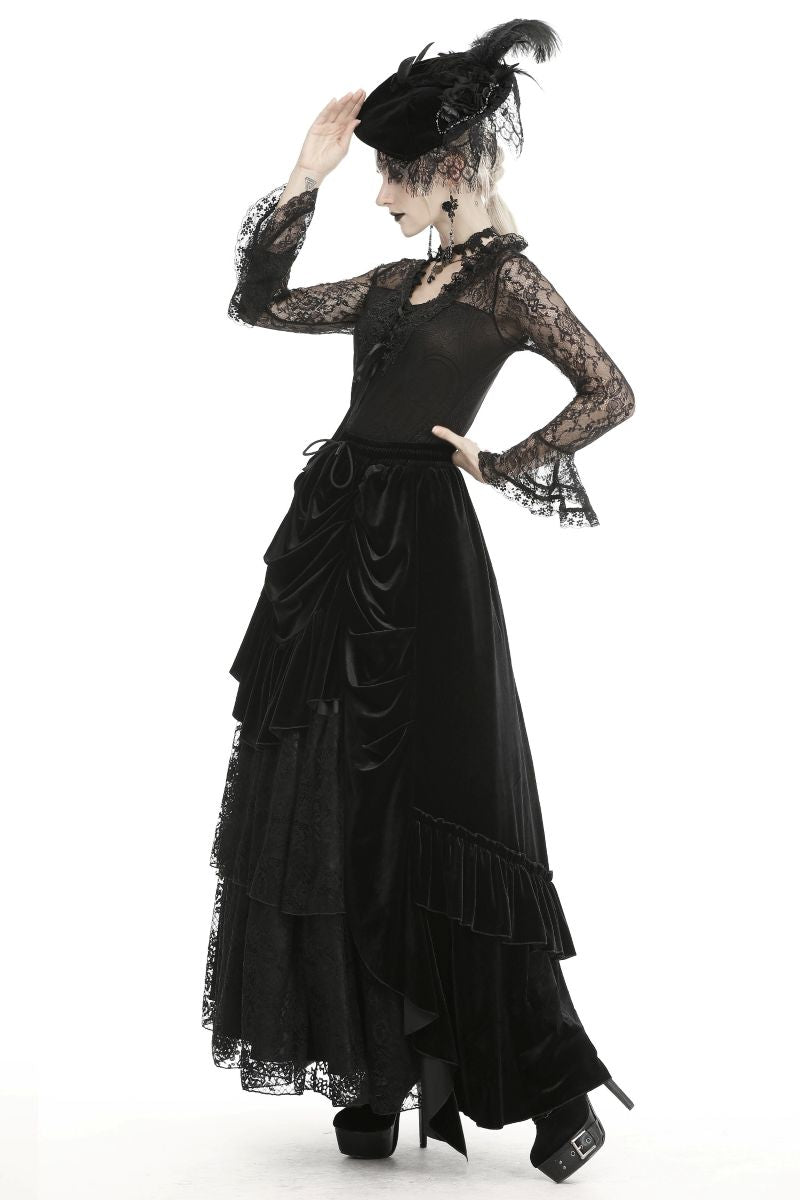 Schwarzer, langer Rock BLEEDING SUN SKIRT aus Samt mit Spitzendetails von Dark In Love