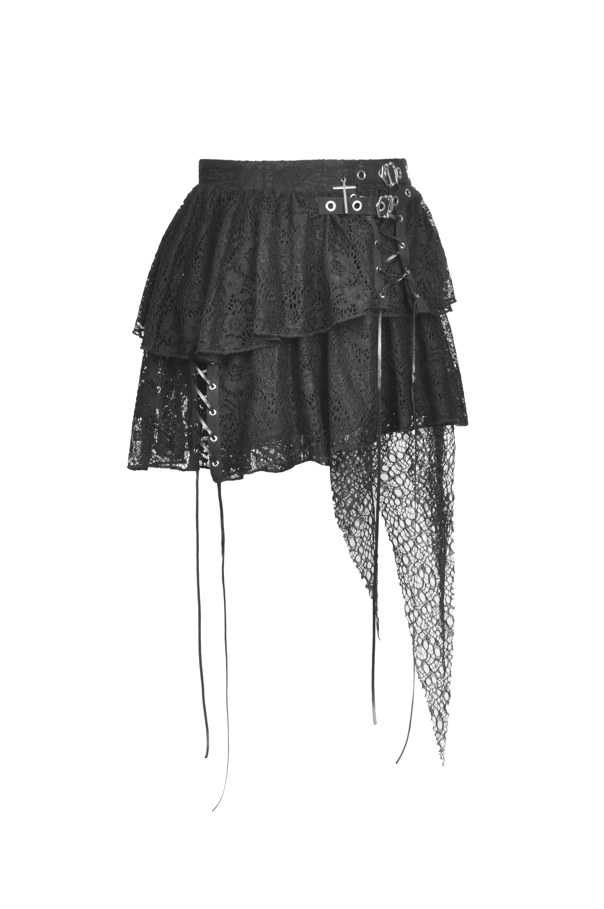 Schwarzer, mehrschichtiger Mini-Rock DROP DEAD SKIRT aus Spitze und mit Kreuzanhänger von Dark In Love