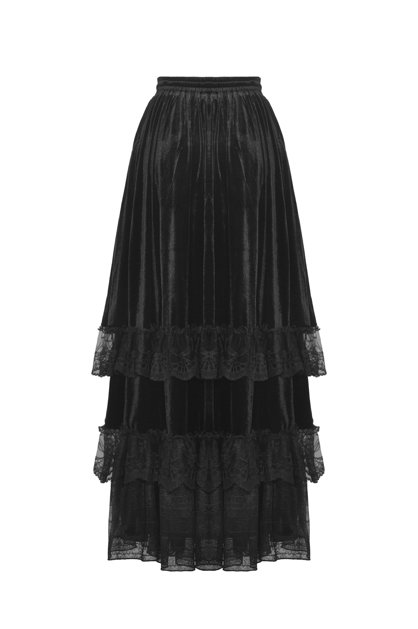 Rückseite schwarzer, langer Rock GHOSTS PALACE SKIRT aus Samt und Spitze von Dark In Love