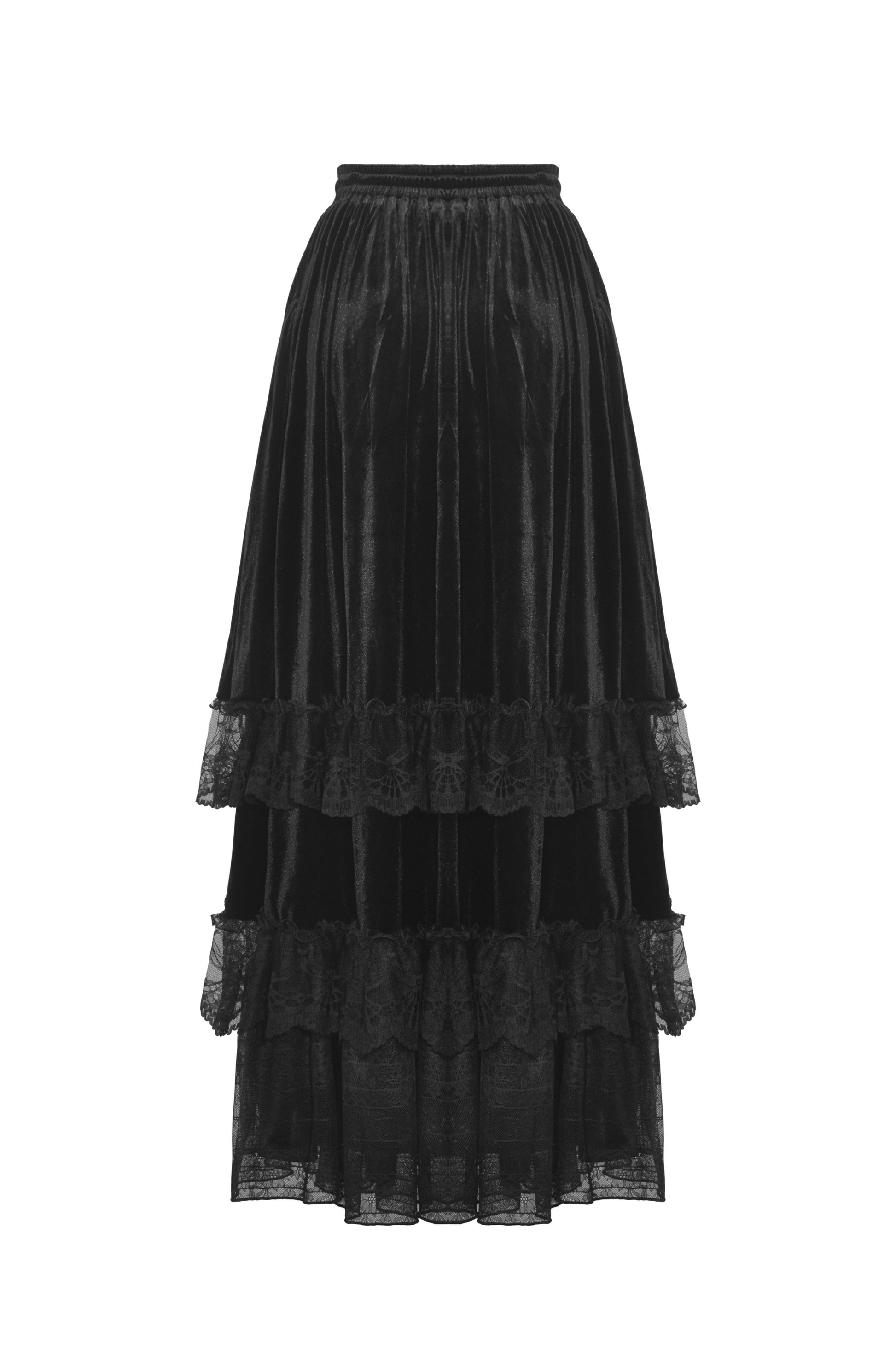 Rückseite schwarzer, langer Rock GHOSTS PALACE SKIRT aus Samt und Spitze von Dark In Love