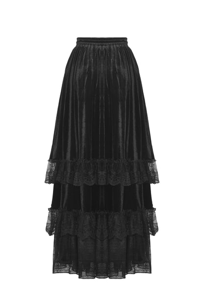 Rückseite schwarzer, langer Rock GHOSTS PALACE SKIRT aus Samt und Spitze von Dark In Love