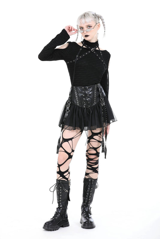 Schwarzer Mini-Rock AHRI SKIRT aus Mesh und Kunstleder mit Schnürung- und Ösendetails von Dark In Love