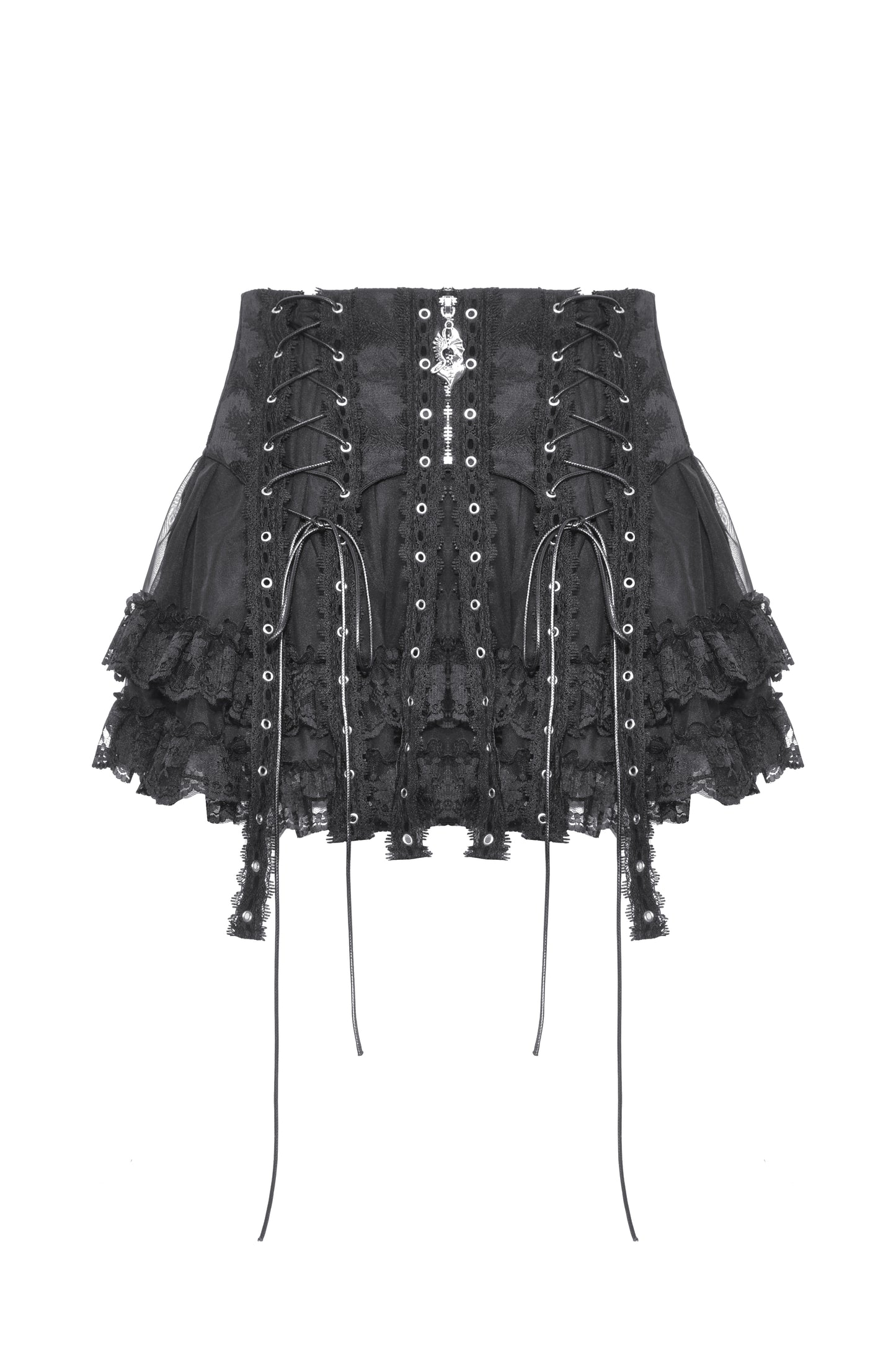 Schwarzer Mini-Rock AKIRA SKIRT aus Spitze mit Riemen- und Ösendetails von Dark In Love