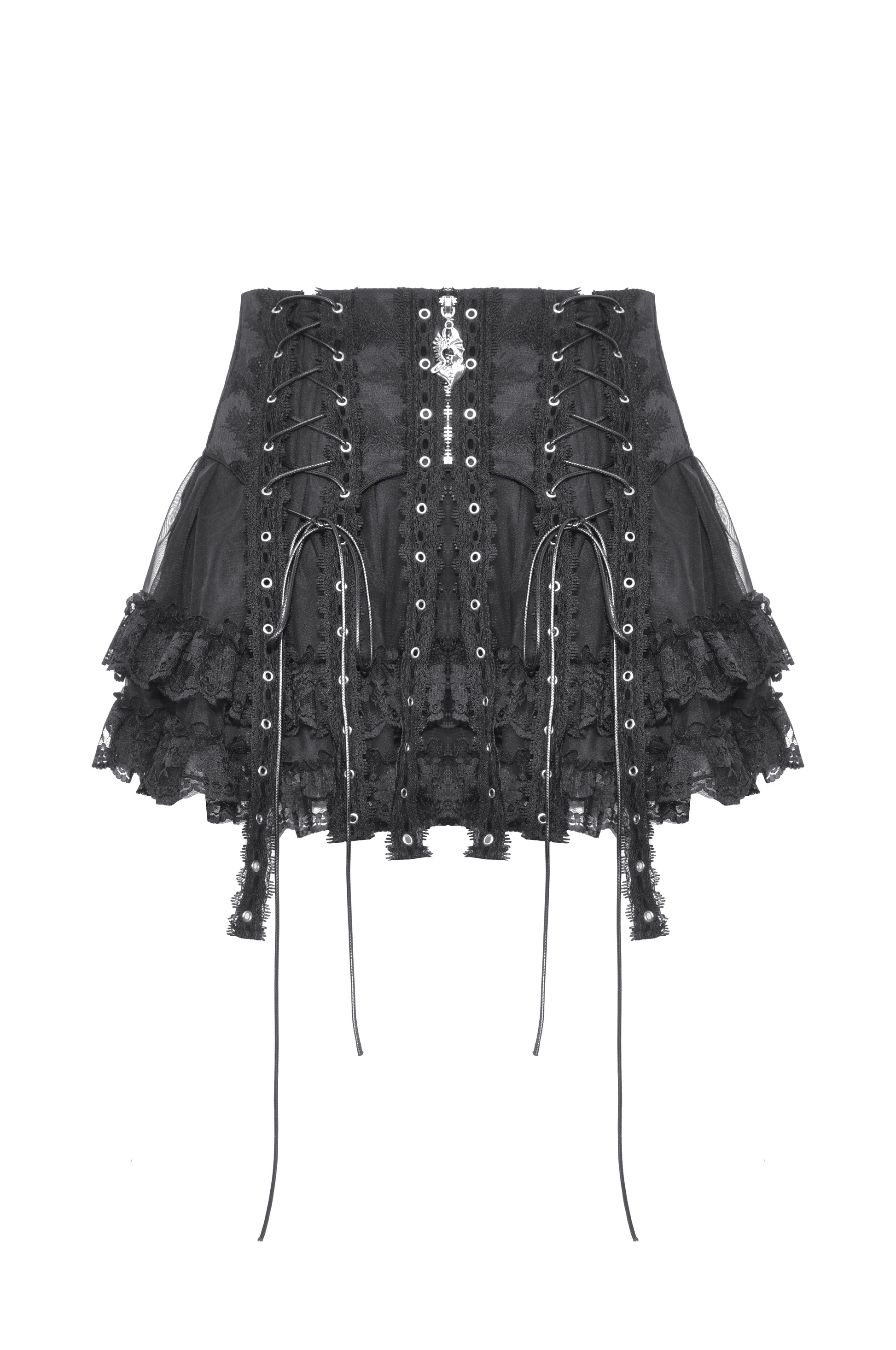 Schwarzer Mini-Rock AKIRA SKIRT aus Spitze mit Riemen- und Ösendetails von Dark In Love