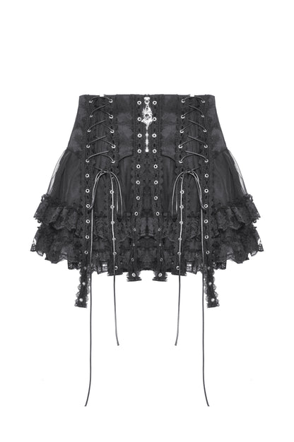 Schwarzer Mini-Rock AKIRA SKIRT aus Spitze mit Riemen- und Ösendetails von Dark In Love