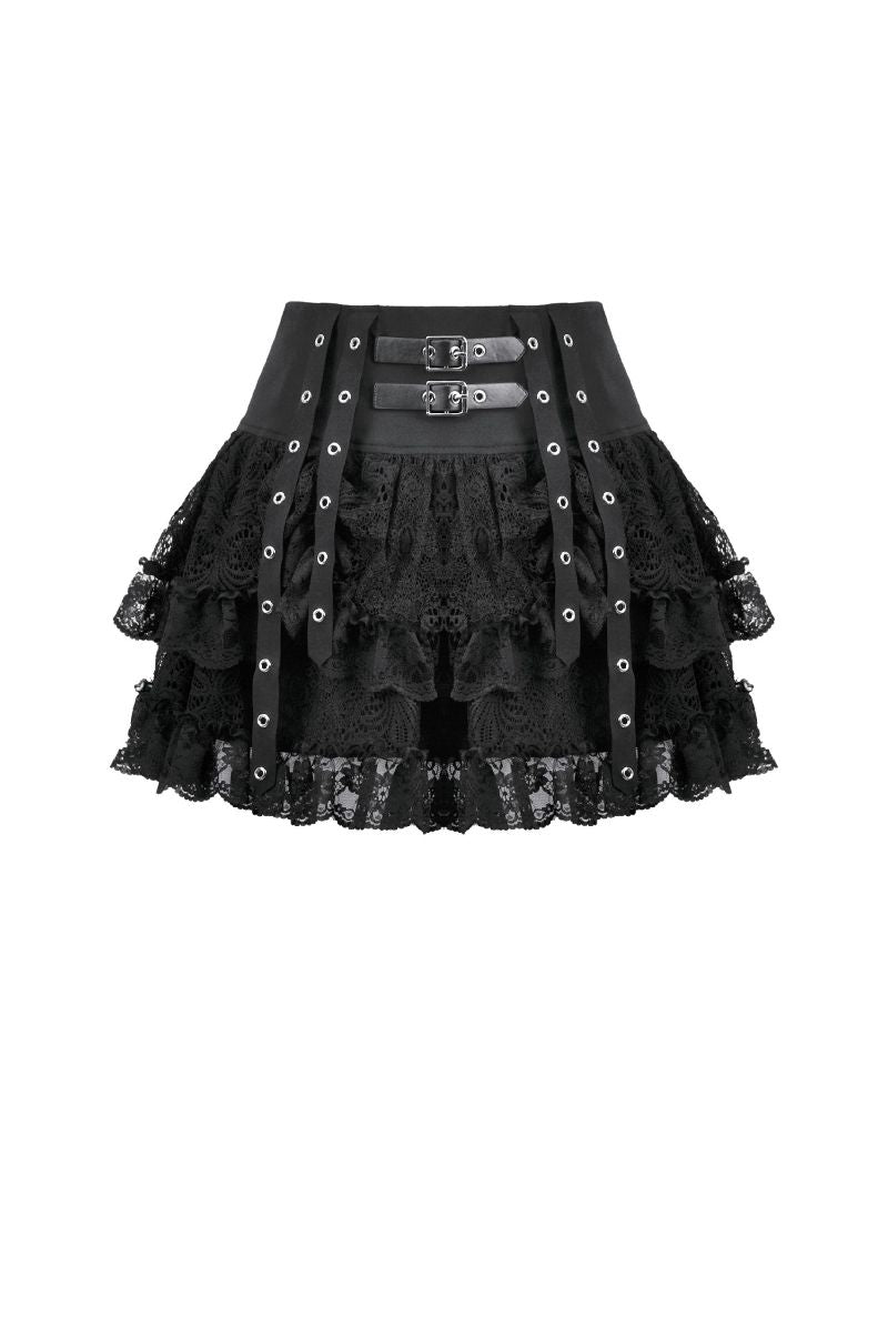 Schwarzer Minirock Moria Laced Skirt aus Spitzenstoff mit Riemen und Ösen von Dark In Love