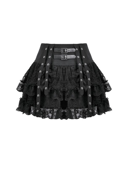 Schwarzer Minirock Moria Laced Skirt aus Spitzenstoff mit Riemen und Ösen von Dark In Love