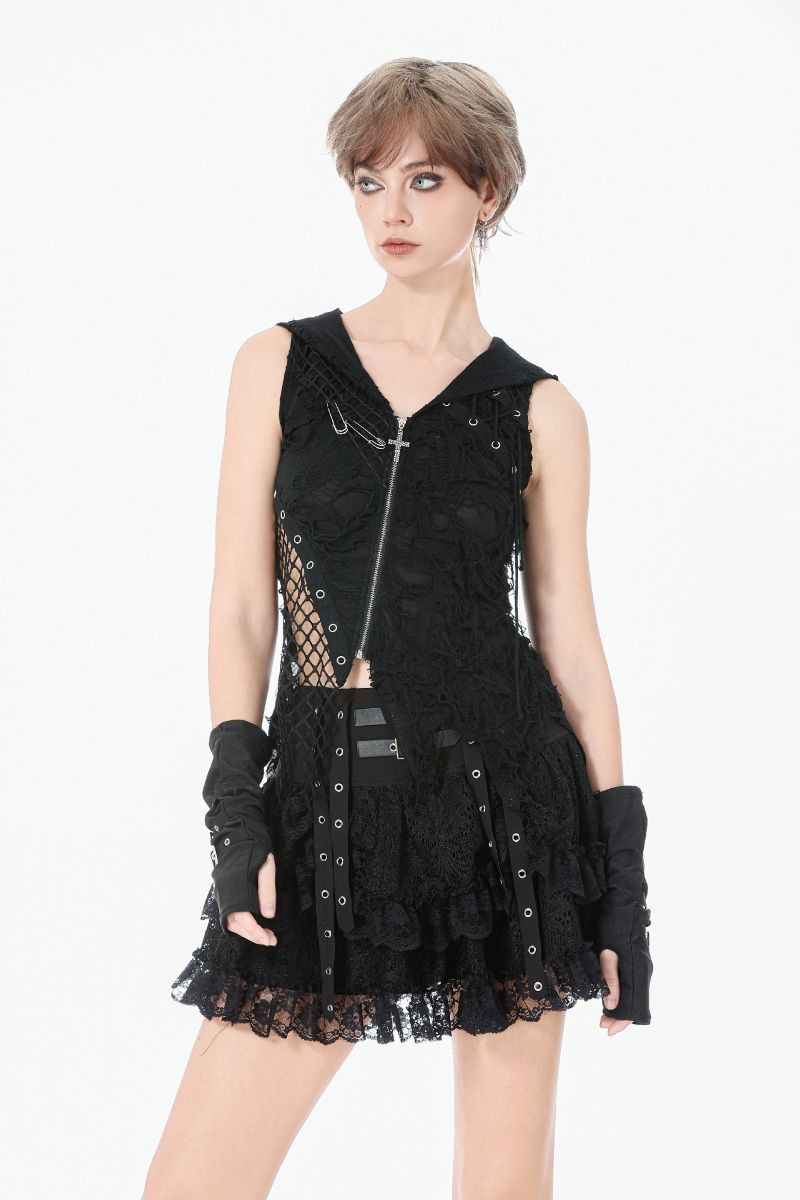 Schwarzer Minirock Moria Laced Skirt aus Spitzenstoff mit Riemen und Ösen von Dark In Love