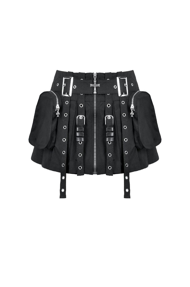 Schwarzer Mini-Rock Tactical Dolly Skirt im Techwear-Style mit vielen Taschen und Riemen von Dark In Love