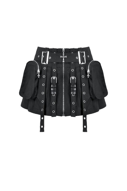 Schwarzer Mini-Rock Tactical Dolly Skirt im Techwear-Style mit vielen Taschen und Riemen von Dark In Love