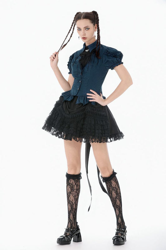 Schwarzer Minirock Marquise Belladonna Skirt aus Spitzenstoff mit langen Borten hinten von Dark In Love