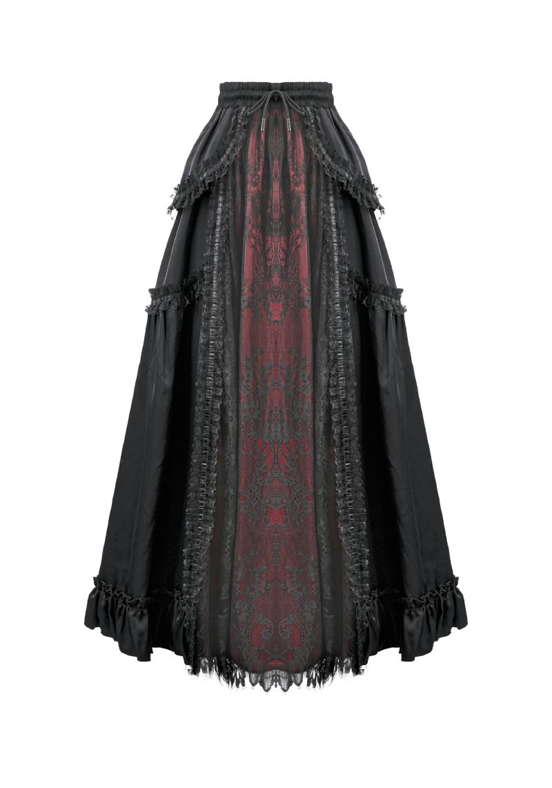 Schwarz-roter, bodenlanger Spitzenrock Royal Elegy Skirt Black/Red von Dark In Love