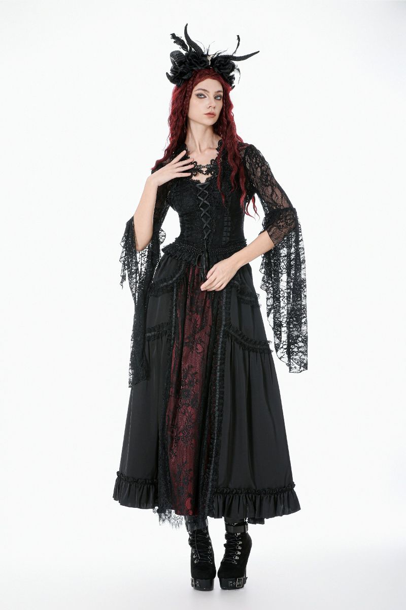 Schwarz-roter, bodenlanger Spitzenrock Royal Elegy Skirt Black/Red von Dark In Love