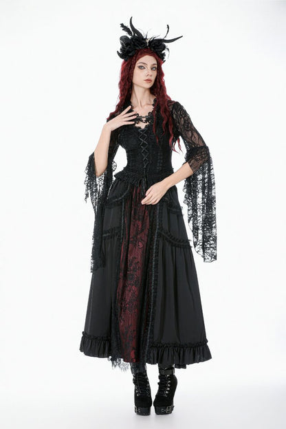 Schwarz-roter, bodenlanger Spitzenrock Royal Elegy Skirt Black/Red von Dark In Love