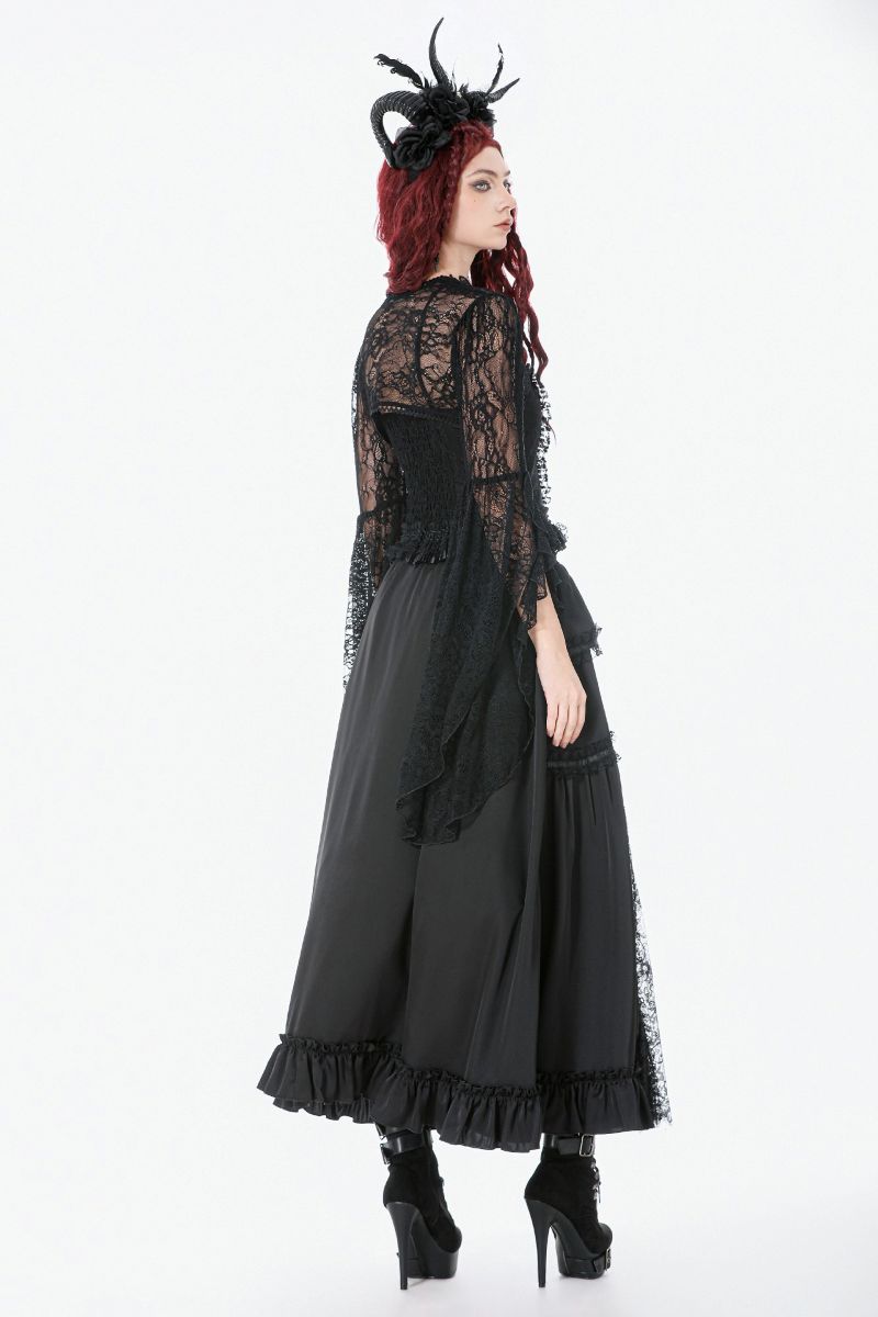 Schwarz-roter, bodenlanger Spitzenrock Royal Elegy Skirt Black/Red von Dark In Love