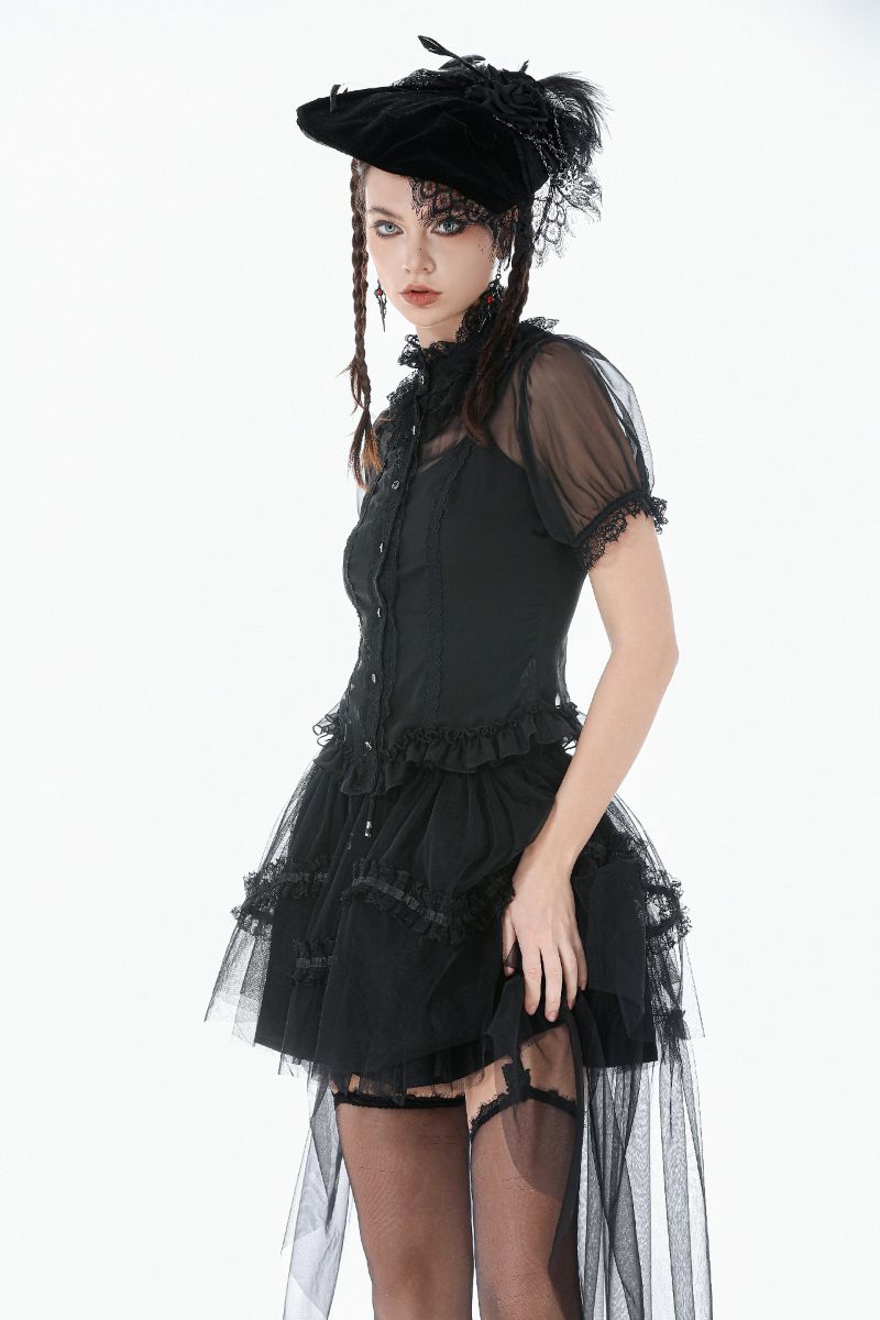 Schwarzer, kurzer Rock Shy Shadows Skirt mit Tülldetail hinten von Dark In Love