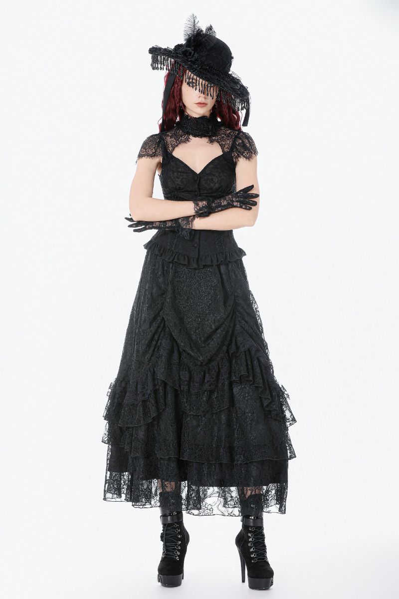 Schwarzer, bodenlanger Rock Eclipse Lace Skirt aus Spitzenstoff von Dark In Love