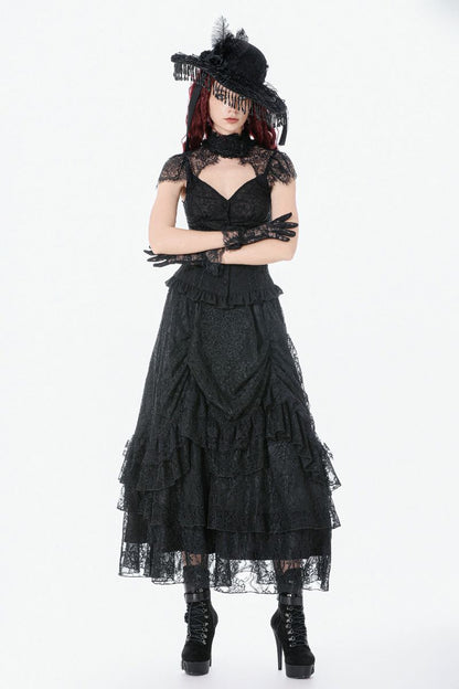 Schwarzer, bodenlanger Rock Eclipse Lace Skirt aus Spitzenstoff von Dark In Love