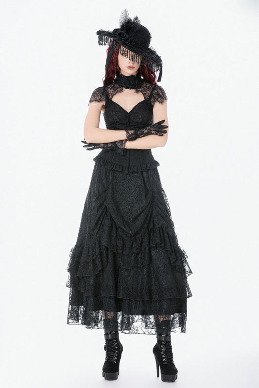 Schwarzer, bodenlanger Rock Eclipse Lace Skirt aus Spitzenstoff von Dark In Love