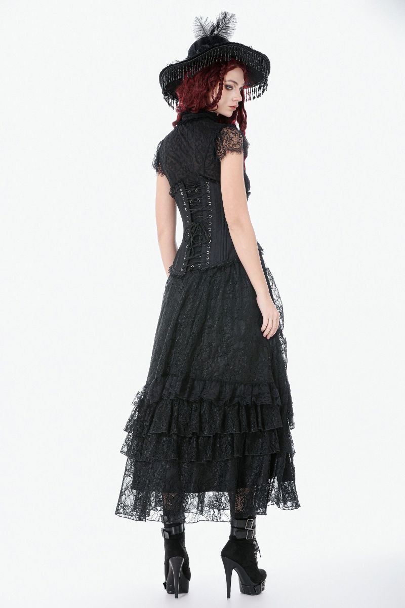 Schwarzer, bodenlanger Rock Eclipse Lace Skirt aus Spitzenstoff von Dark In Love