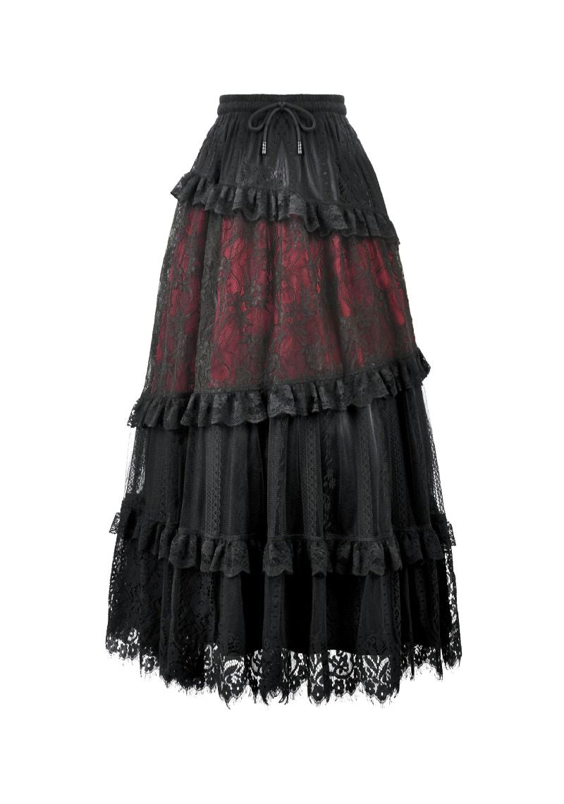 Schwarz-roter, bodenlanger Rock Vampyrean Lace Skirt aus Spitzenstoff von Dark In Love