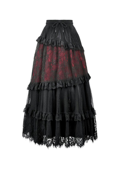 Schwarz-roter, bodenlanger Rock Vampyrean Lace Skirt aus Spitzenstoff von Dark In Love