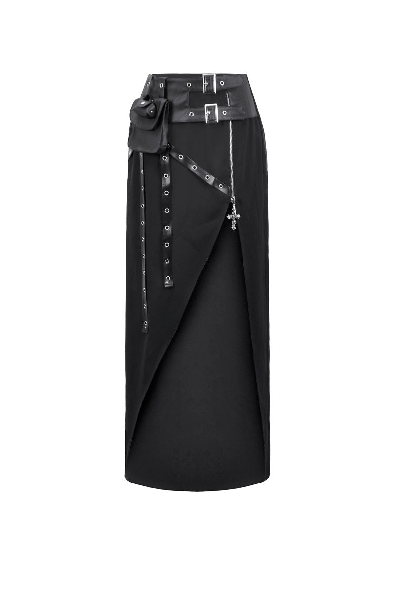 Schwarzer, asymmetrischer Rock Ghost Protocol Skirt mit Kunstlederdetails von Dark In Love