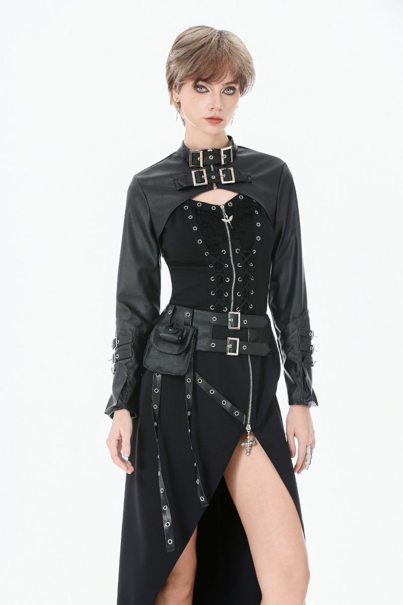 Schwarzer, asymmetrischer Rock Ghost Protocol Skirt mit Kunstlederdetails von Dark In Love