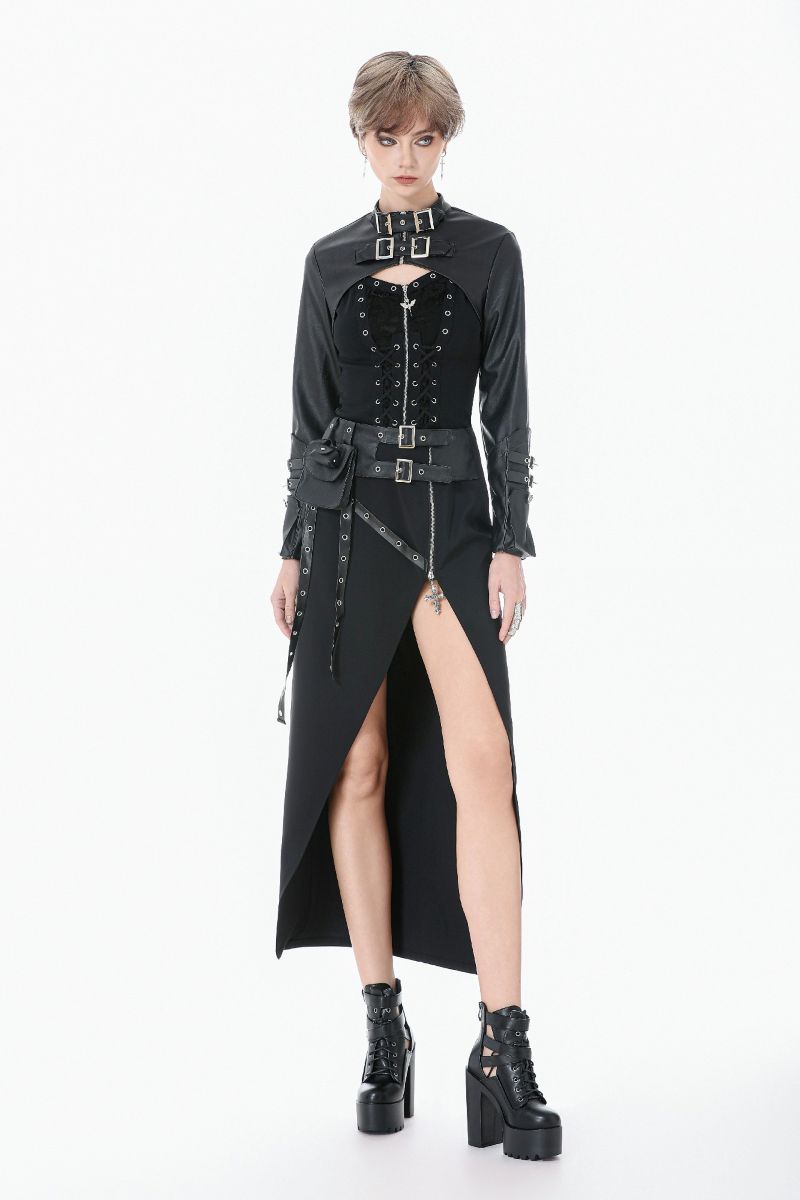 Schwarzer, asymmetrischer Rock Ghost Protocol Skirt mit Kunstlederdetails von Dark In Love